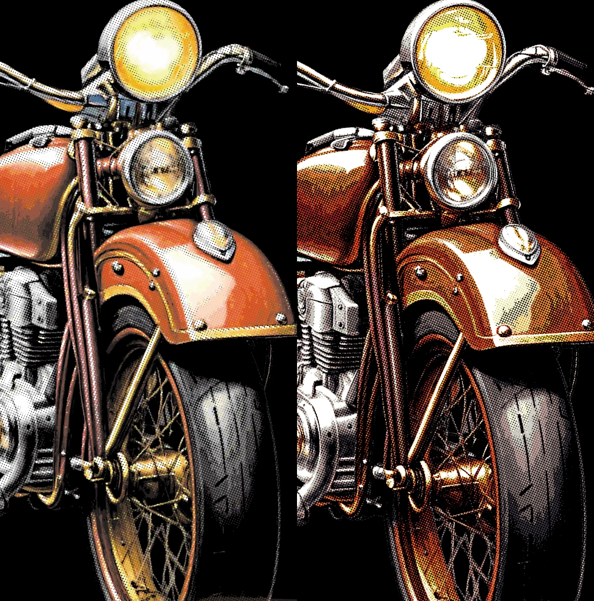 The same source art output as a digital halftone versus an analog print character